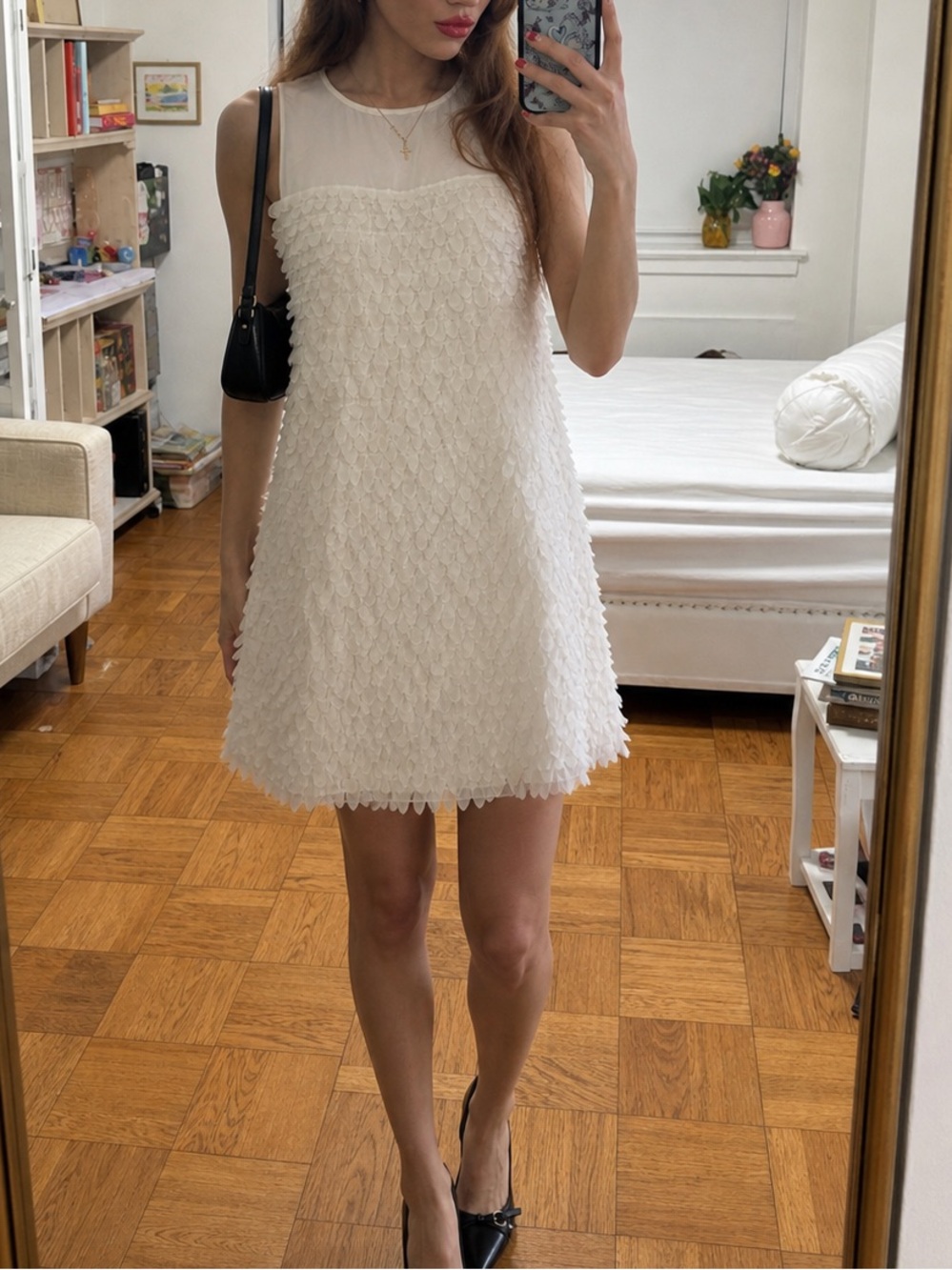 Soft ivory vintage mini dress with petal-textured overlay